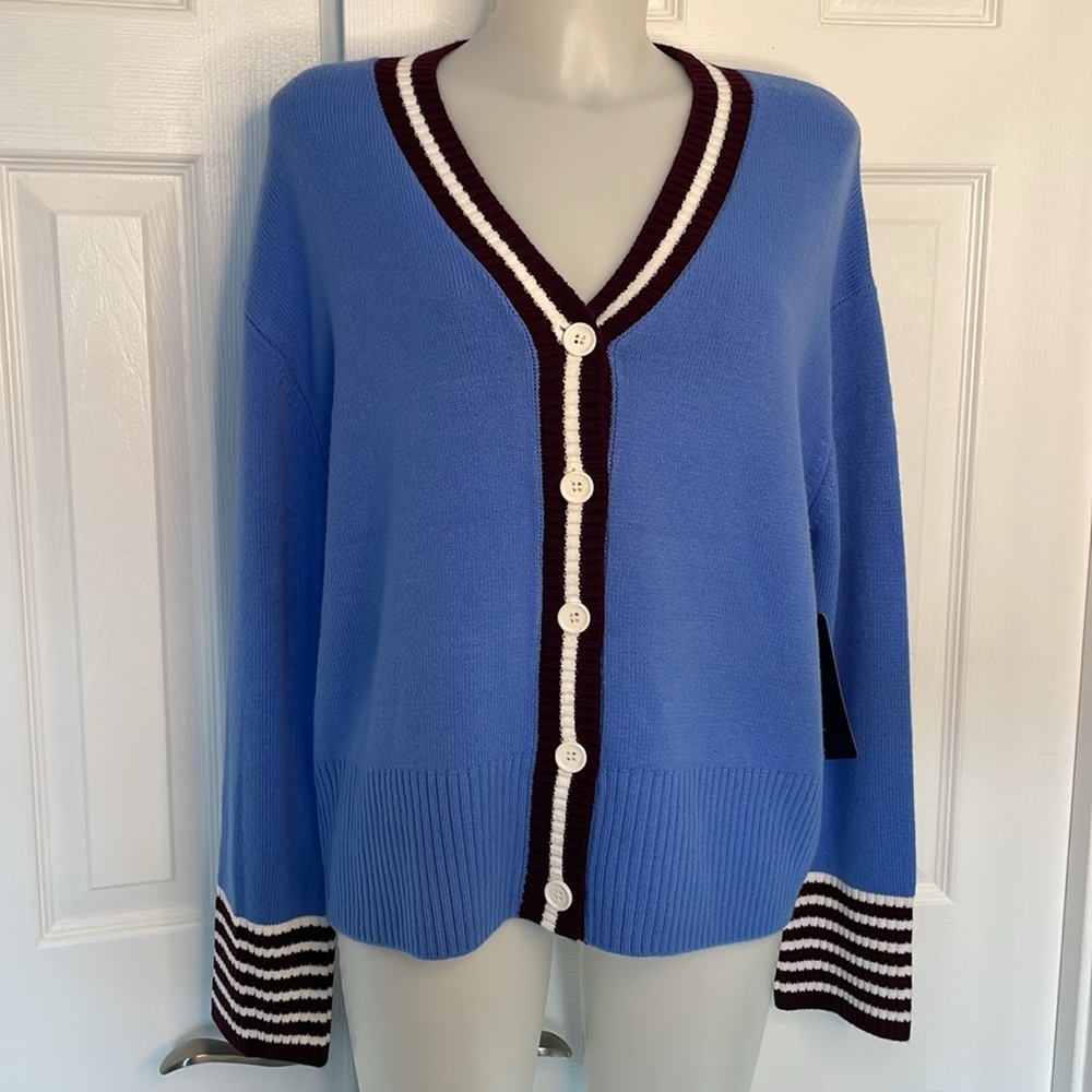 FRENCH CONNECTION VARSITY STYLE VNECK LONG SLEEVE RIB BOTTOM SWEATER BLUE SIZE L - Picture 5 of 13